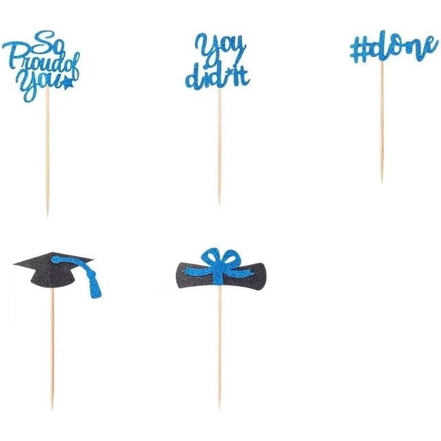 30 adornos brillantes para cupcakes de graduación con diseño de diploma y birrete. Ideales para fiestas temáticas de graduación. Color azul.