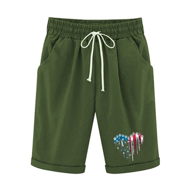 Pantalones Cortos Casuales para Mujer Día de la Independencia Impreso Elástico de la Cintura, Pantalones Cortos de Verano para Mujeres