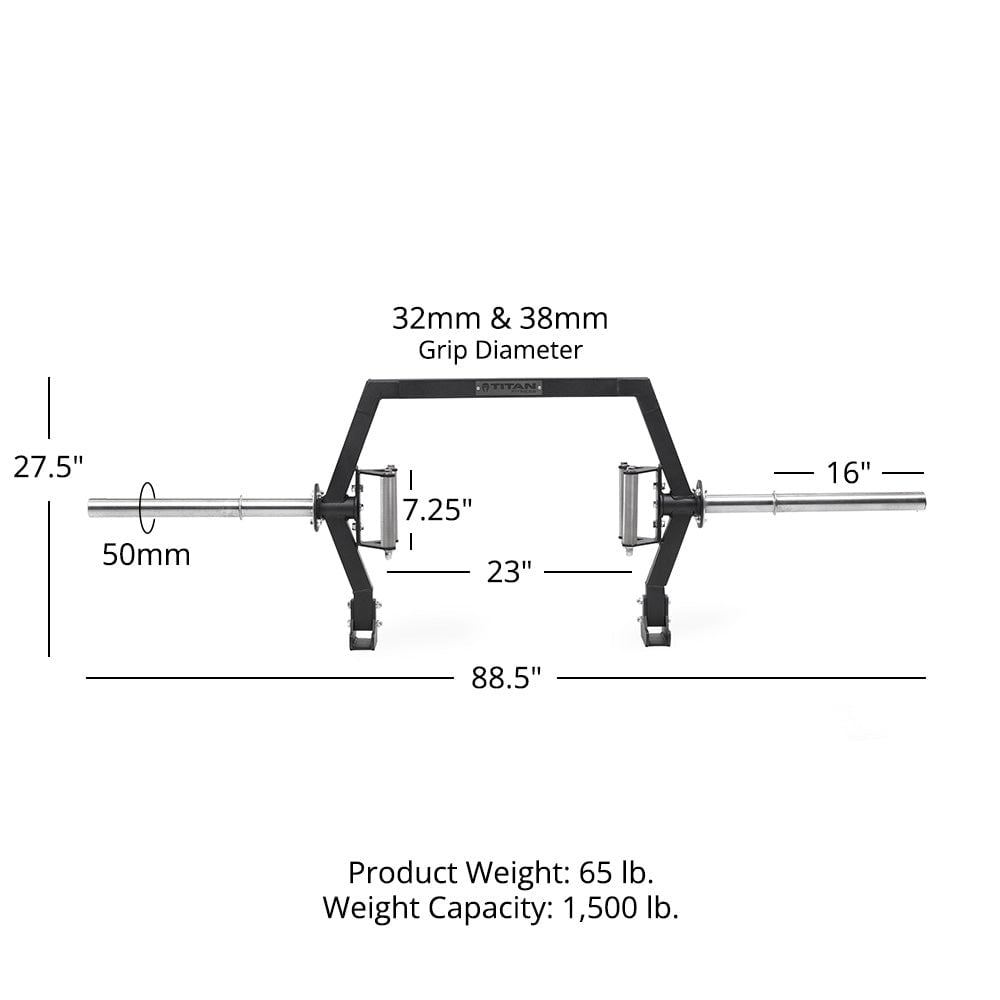 Titan Fitness Rackable Open Trap Bar, Rated 1,500 LB, Specialty Open-Ended Olympic Weightlifting Barbell, Built-In Jacks, 32mm 38mm Knurled Grips, Deadlift, Carries, Lunges, Squats
