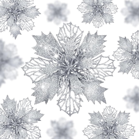 24 Pcs Poinsettias Artificial Christmas Flowers, Silver Christmas Tree Decorations, White Glitter Christmas Ornaments for Xmas Wreath Garland Winter Wedding Decorations