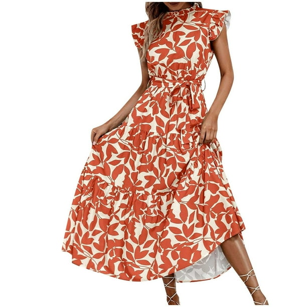 Vestido de Verano con Mangas Plisadas Mangas Voladoras Cuello Redondo Y Encaje, Vestido de Verano Informal Impreso