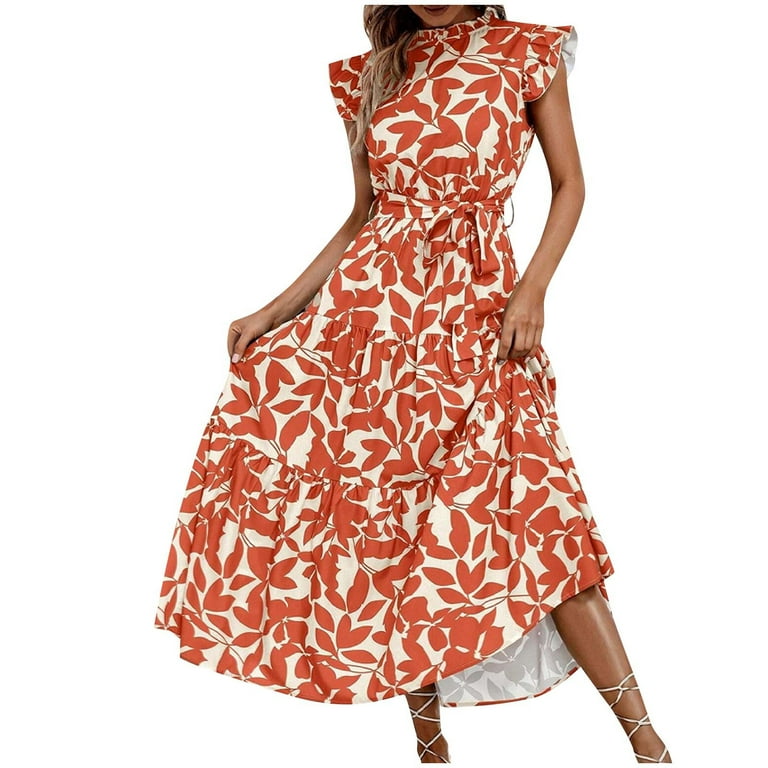 Sakmal Long Spring Dresses Orange Sundress Tea Party Empire Waist Dress Floral A Line Puff Sleeve Dresses with Pockets, Women's, Size: Medium