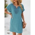 thumbnail image 5 of Women Lace V Neck Casual Boho Dress Comfy Short Sleeve Flowy Hem A Line Beach Dress Turquoise XL, 5 of 9