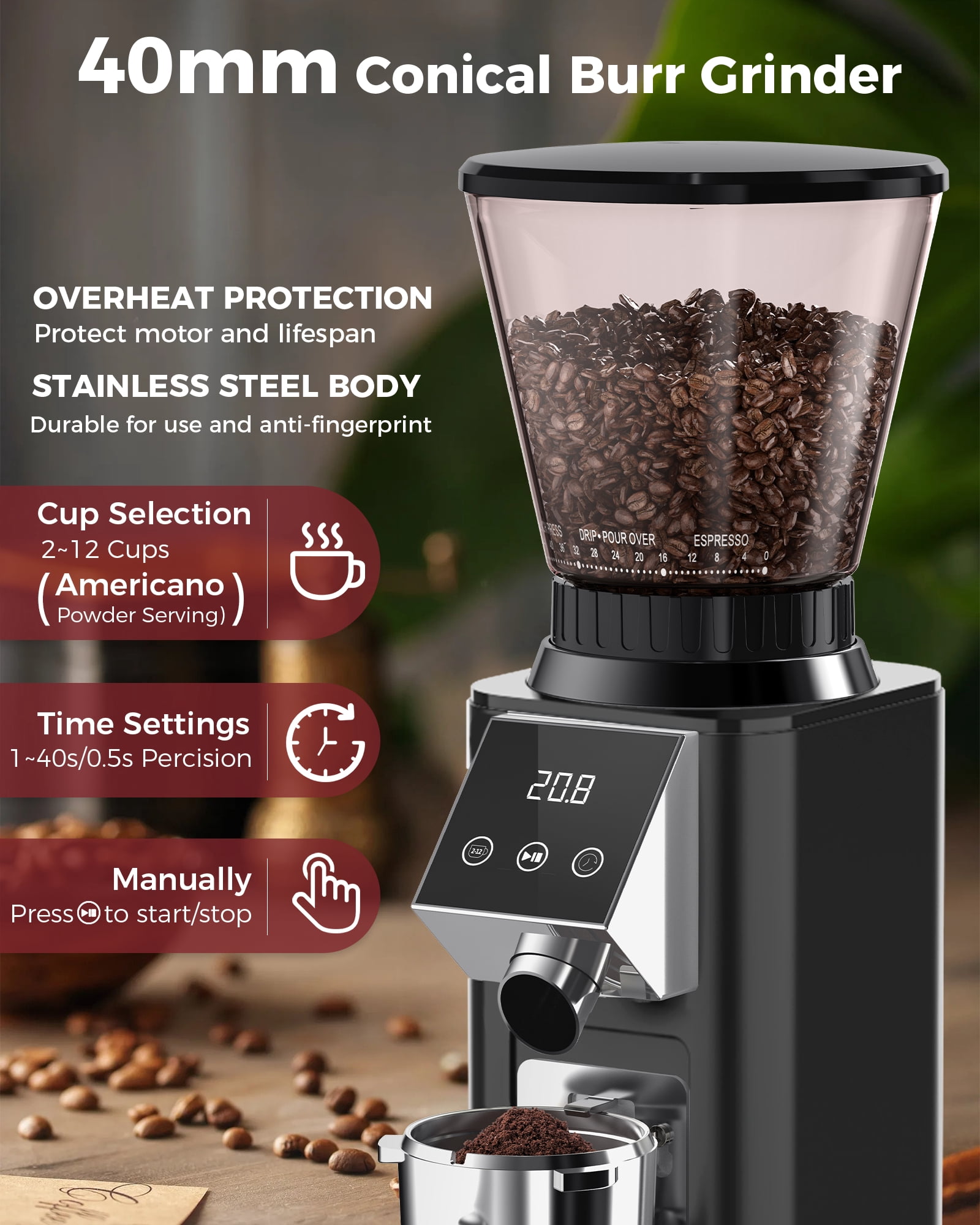 Tuni G1-N Conical Burr Coffee Grinder, 48 Grind Settings Anti-static Burr Mill, Precision Electronic Timer and LED Touchscreen for Espresso/Drip/Cold Brew/French Press, Stainless Steel, Black