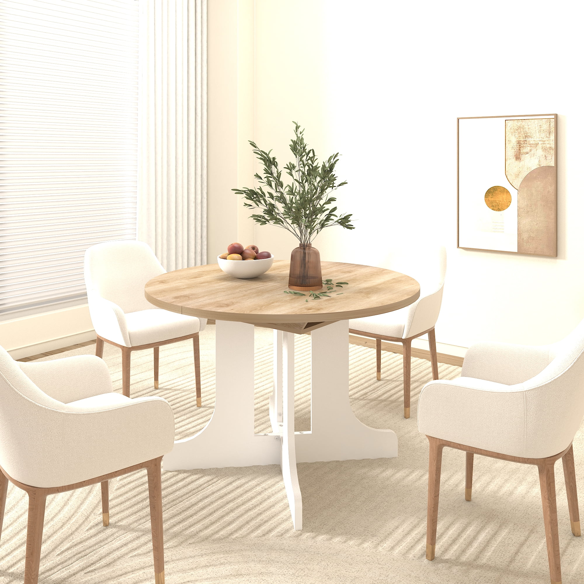 White Oak Farmhouse Dining Table with Adjustable Length, Expands from 43 to 59 Inches with Removable Leaf, Features a Sturdy X-Shaped Trestle Base and Seats Up to 6 for Family Dining
