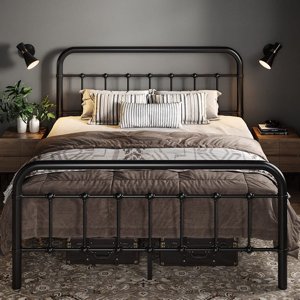 Allewie Full Platform Bed with Victorian Wrought Iron Headboard, Black