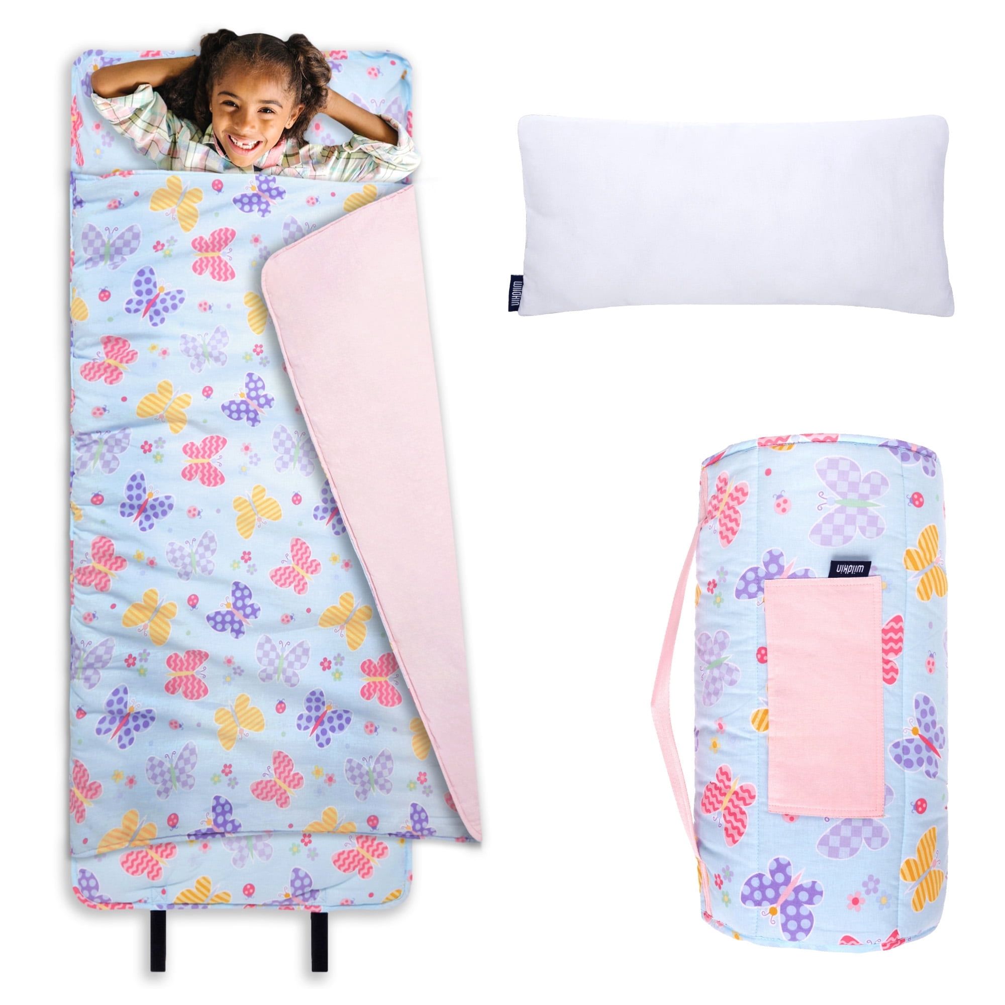 Wildkin Original Nap Mat with Pillow for Boys and Girls, Features Hook and Loop Fastener, Roll-Up Design, Soft Cotton Blend Materials (Butterfly Garden)