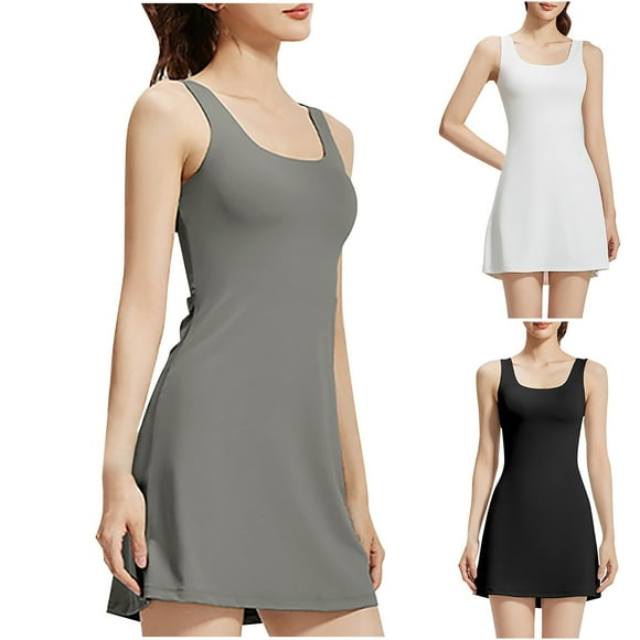 QATAINLAV Women's Tennis Dress with Built in Bra Sleeveless Round Neck Tank Mini Dresses Summer Yoga Athletic Workout Short Dress Gray XXL Weekly Sale