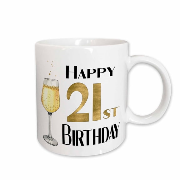 3drose, Happy 21st Birthday in an Image of Gold with Champagne, 15oz Mug
