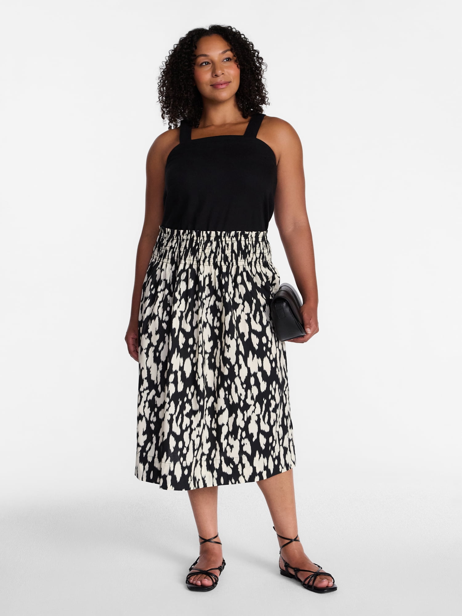 Time and Tru Women's Smocked Waist Cotton Midi Skirt, Sizes XS-XXXL