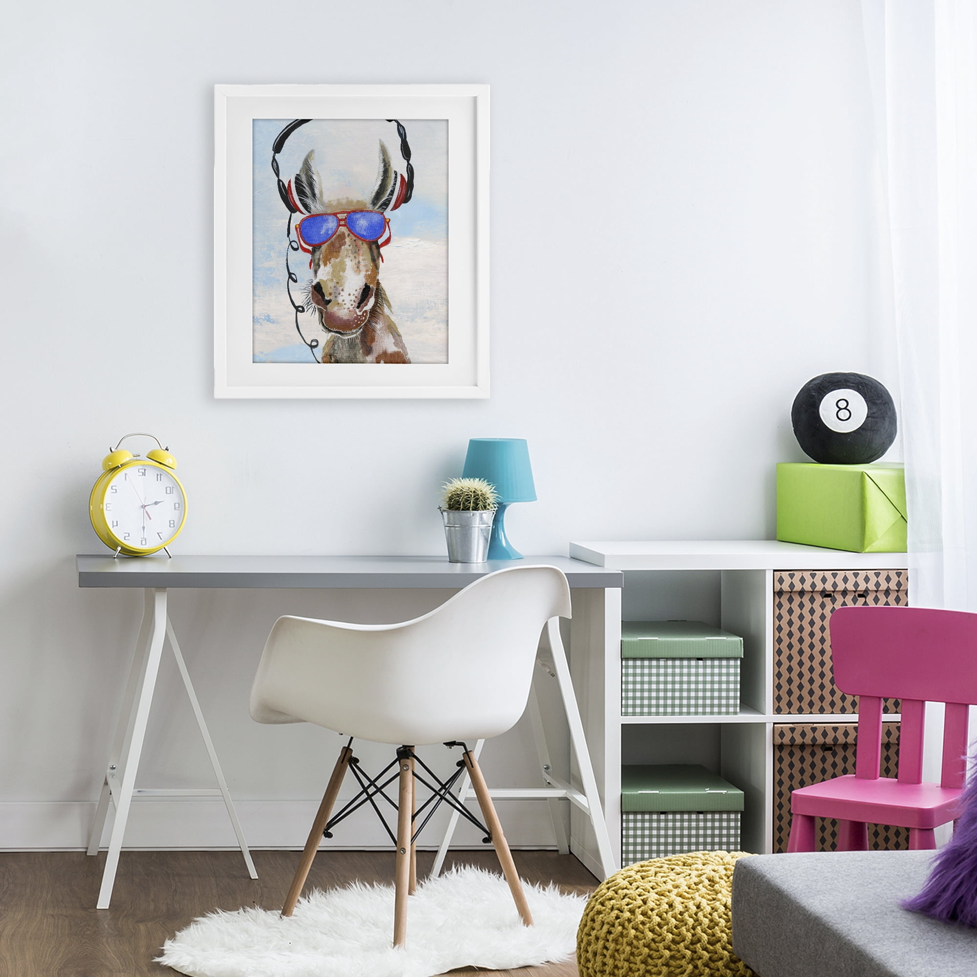 Stupell Industries Donkey Wearing Headphones White Framed Print Under Glass, design by Janet Tava