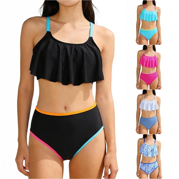 CUZIBR Girls Swimsuit Solid Color 2 Piece Bikini Ruffled Adjustable Straps Tops Mid Waist Bottom Fashionable Swimwear 7 16 Years Bathing Suit,Black,7-8 Years