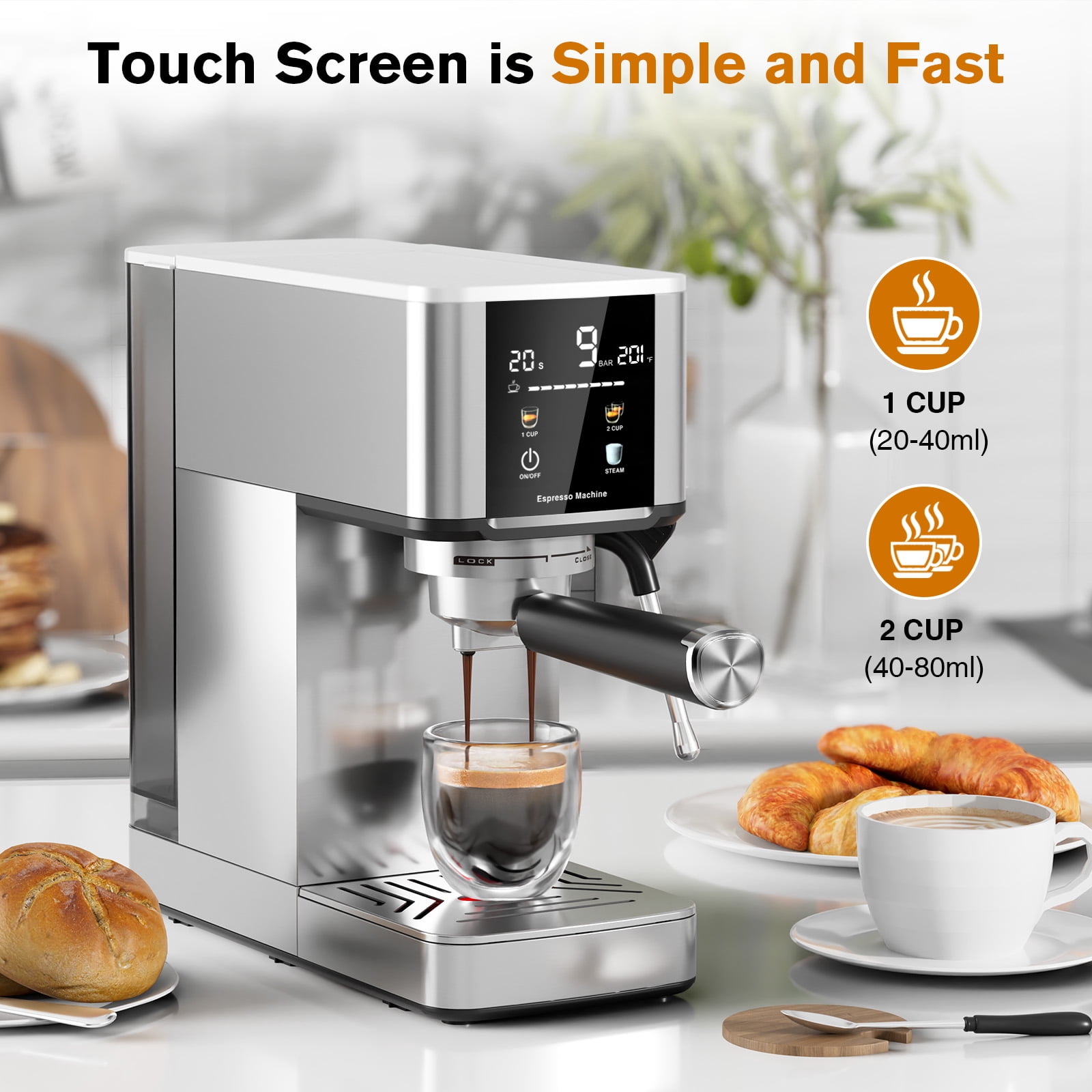 Auseo 20 Bar Espresso Machine with Milk Frother Steam Wand &Color Touchscreen ,1.4L Removable Water Tank， Professional Coffee Maker for Latte & Cappuccino