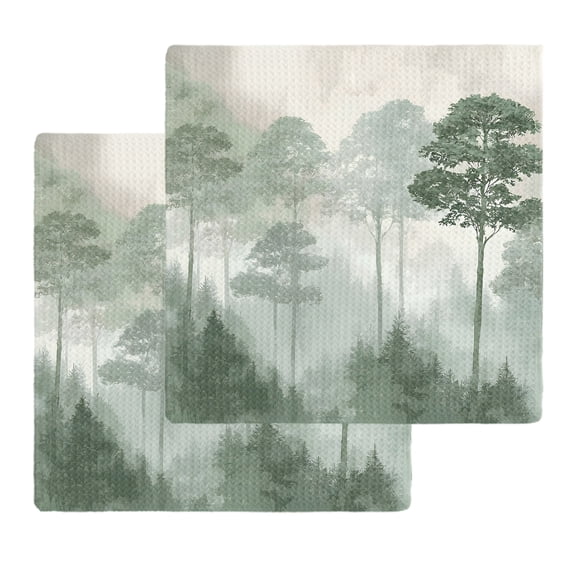 Boho Pines Kitchen Dish Towels for Drying Dishes Set of 2, Fogged Mist Forest Sage Green Mountain Vintage Waffle Weave Microfiber Hand Tea Bathroom Towels Quick Dry & Absorbent Towel 12x12