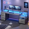 thumbnail image 3 of SEDETA Home Office Desk with LED Lights & Power Outlet, 66" Computer Desk with 5 Drawer and Storage Shelves, Gaming Desk with Printer Cabinet and Monitor Stand, Grey, 3 of 8