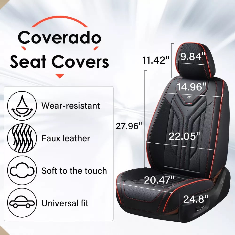 Coverado Front Car Seat Covers, Airbag Compatible Faux Leather Seat Protectors, Waterproof Cushions Universal Fit for Most Sedans SUV Pick-up, Black&Red