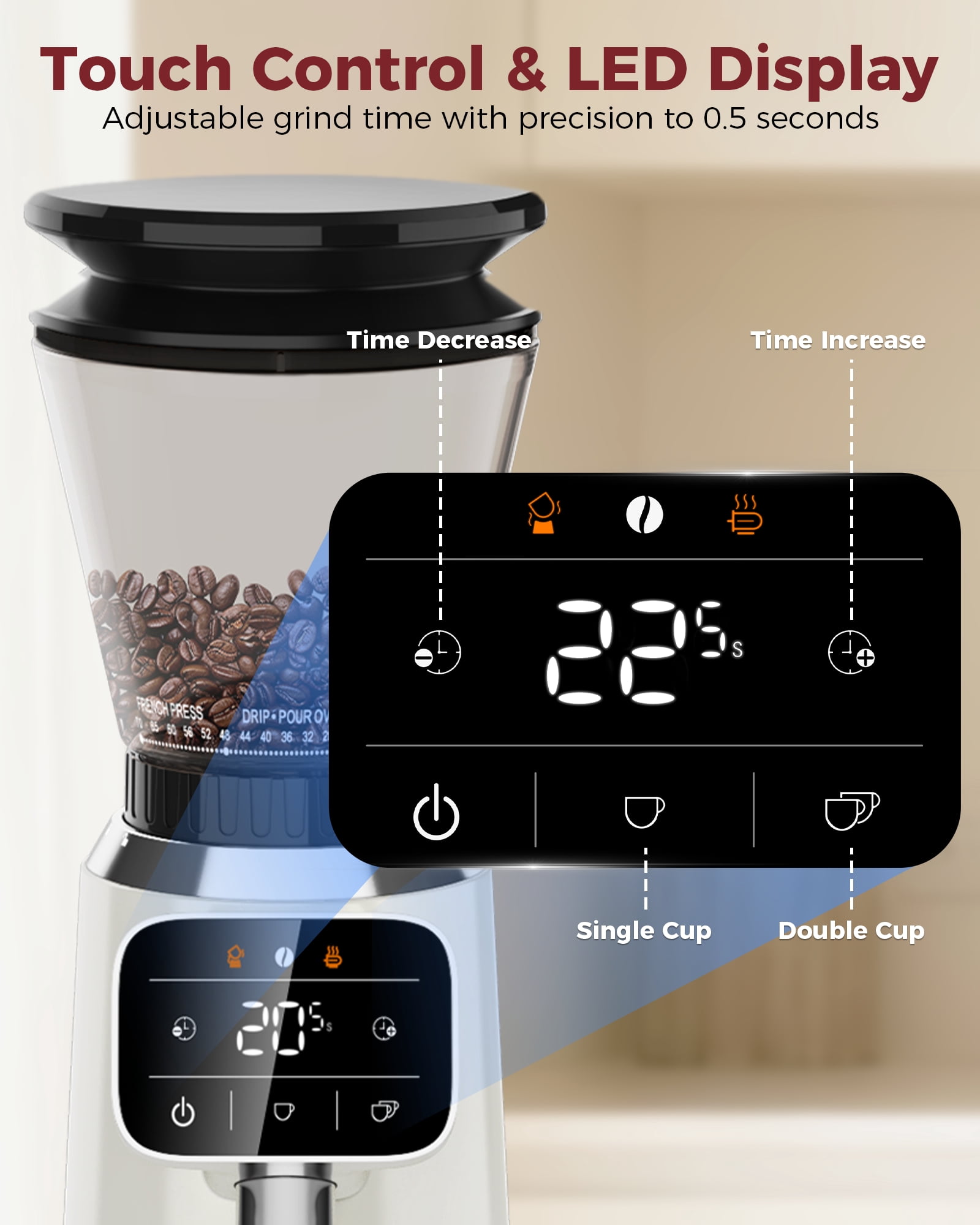 Tuni G2 Conical Burr Coffee Grinder, 70 Grind Settings Anti-static Burr Mill, Precision Electronic Timer and LED Touchscreen for Espresso/Drip/Cold Brew/French Press, Stainless Steel, Ivory