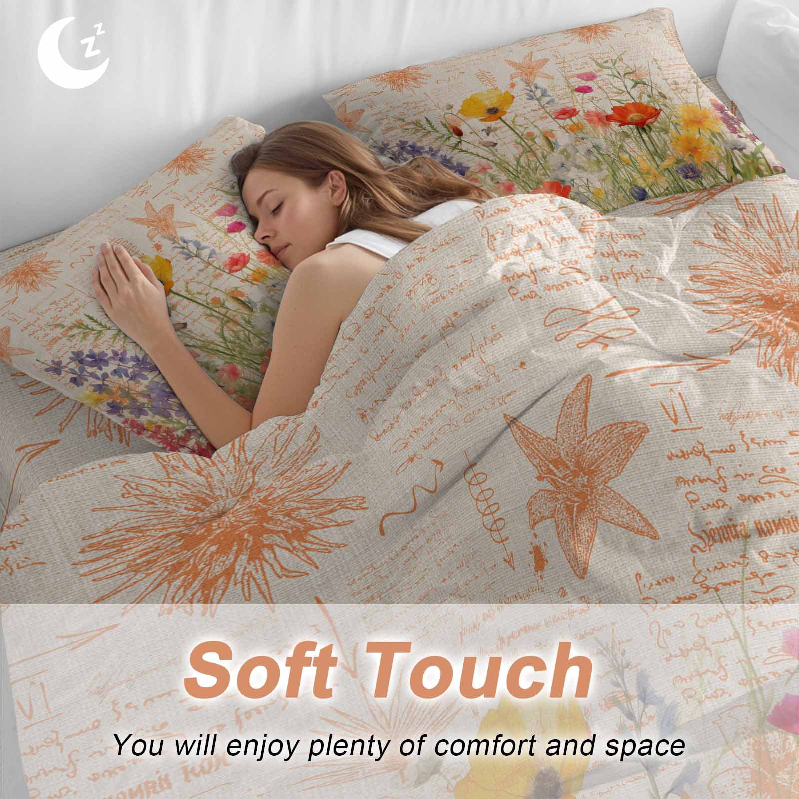 Queen 4 Piece Bedding Set Watercolor Blossom Poppy Flower Soft Breathable Duvet Cover and Pillowcase, Retro Spring Floral Leaves Duvet Cover Set Bed Sheets for Bedroom Dormitory Guest Room
