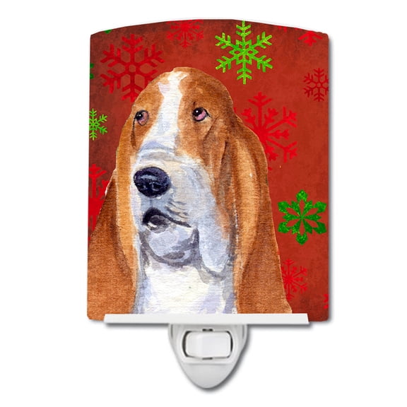 Caroline's Treasures SS4735CNL Basset Hound Red and Green Snowflakes Holiday Christmas Ceramic Night Light, 6x4x3",