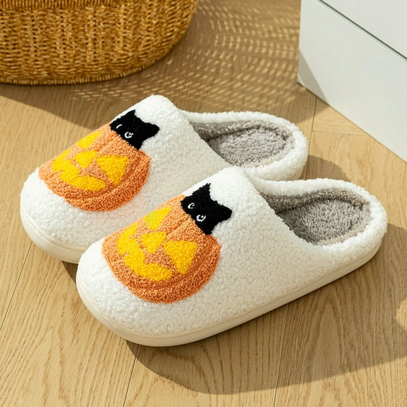 RWJDXD RWJDXD Halloween Funny Pumpkin Cute Cat Winter Women‘s Slippers Indoor Warm Soft Sole Slipper Bedroom Comfortable Cotton Shoes Couple