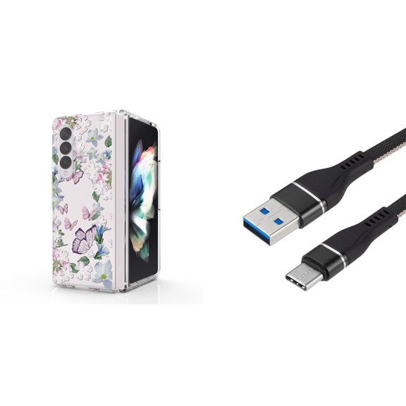 Accessory Bundle for Galaxy Z Fold 4: Slim Snap-On Case (Pink Butterfly Flowers), Nylon Braided USB-C to USB-A Cable (3 Feet)