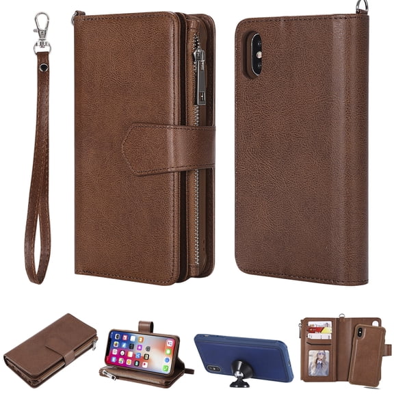 iPhone XS Wallet Case, iPhone X Stand Cover, Allytech Premium PU Leather Wallet Purse Zipper Pocket With 6 Card Slots, Detachable Magnetic Back Case for Apple iPhone XS/ iPhone X, Brown
