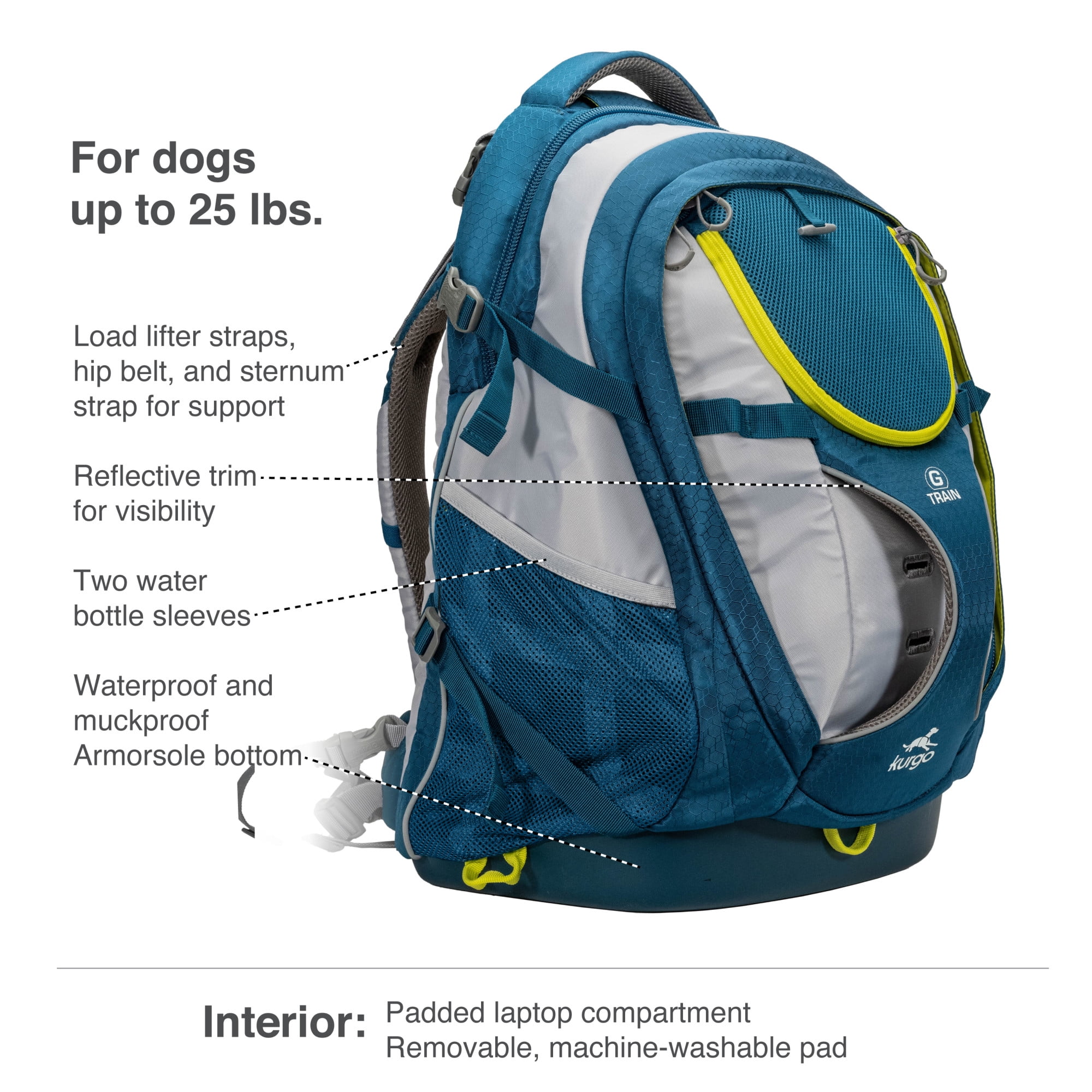 Kurgo G-Train - Dog Carrier Backpack for Small Pets - Cat & Dog Backpack for Hiking, Camping or Travel - Chest Straps & Hip Belt - Reflective - Two Water Bottle Sleeves - Waterproof Bottom (Ink Blue)