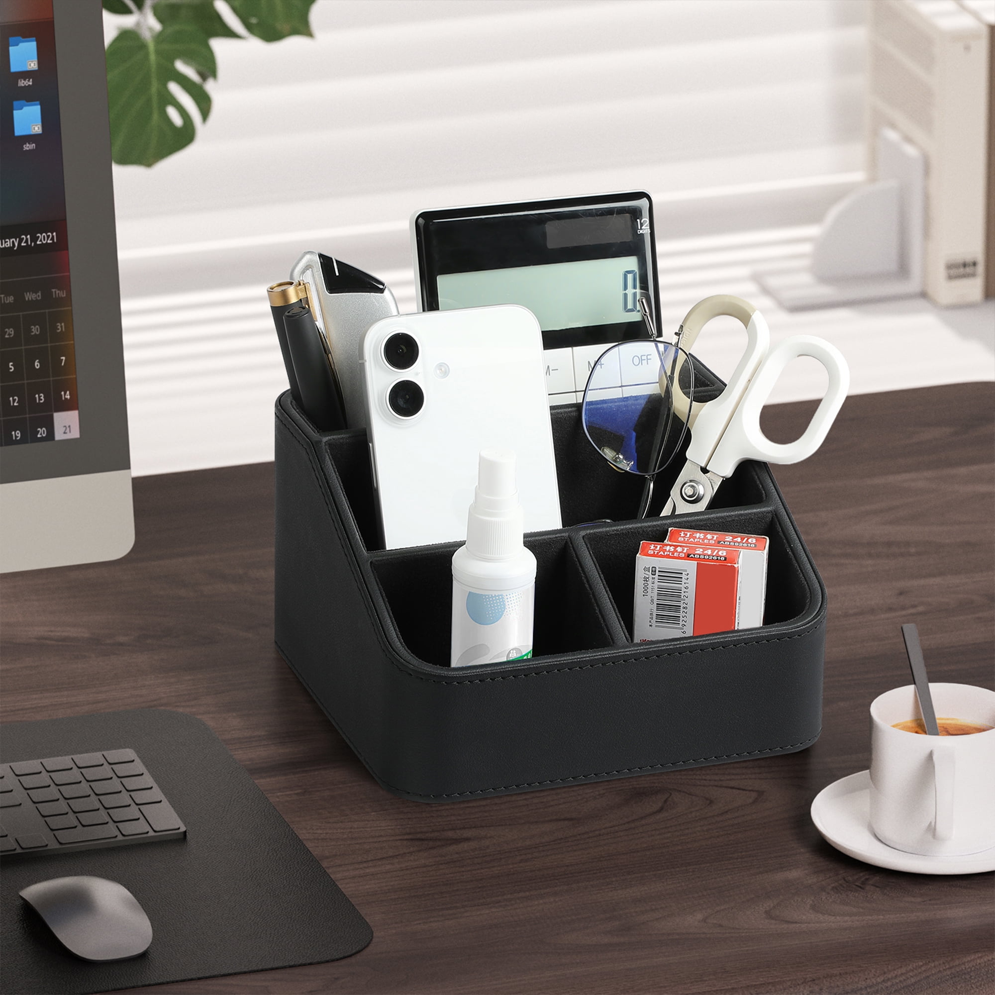 Remote Control Holder, PU Leather Small Desk Organizer Stylish Cute Desktop Organizer for Home Office Desk Accessories, Remote Caddy Bedside Nightstand Organizer for Women Men (Black)