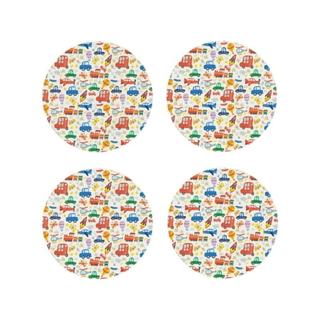 

Honeii Cartoon Transportation Print Leather Coaster Set of 4 Ideal for Safeguarding Your Furniture from Drinks Spills and Effortless Cleanup-Round Shape
