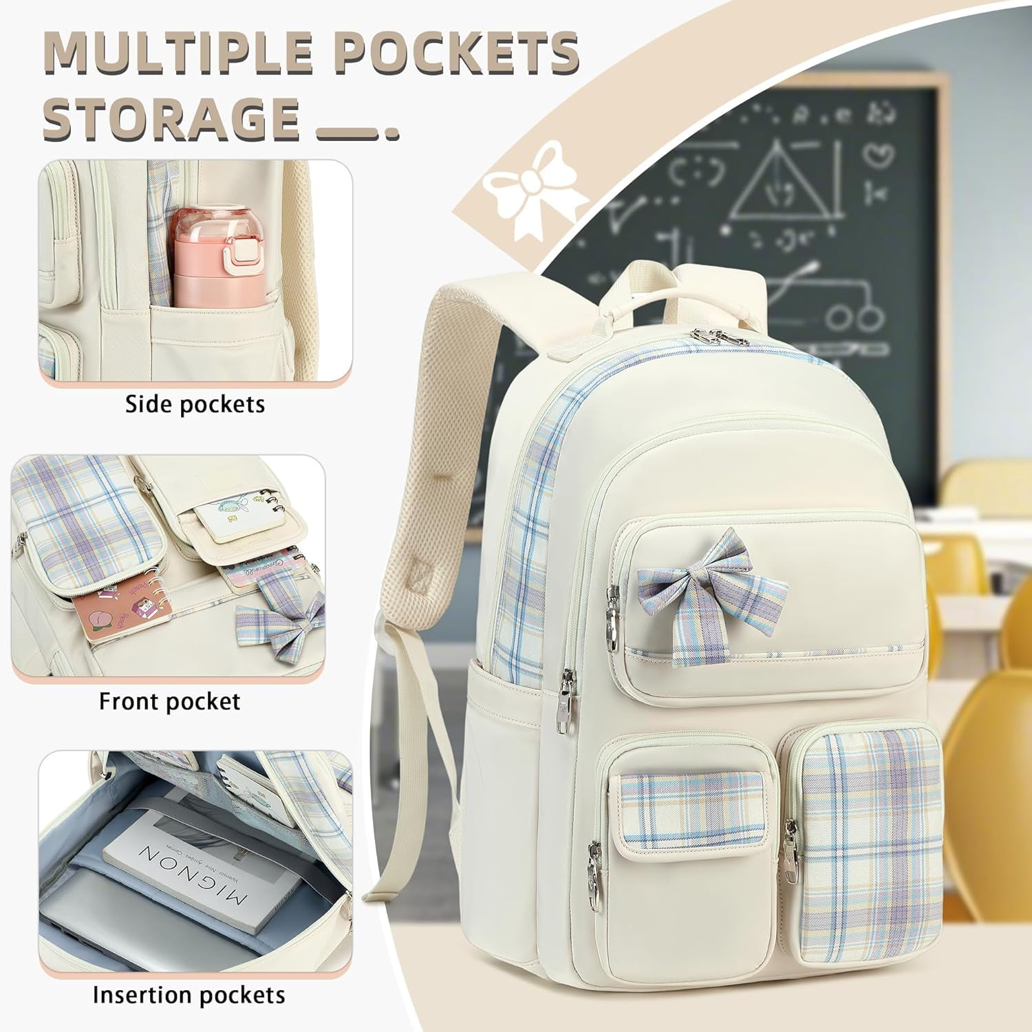 AO ALI VICTORY Backpack, large-capacity school bag, 15.6-inch laptop bag, casual travel and daily backpack College Backpacks Backpack Set Anti Travel Back Pack Large Bookbags forTeens Women(white）