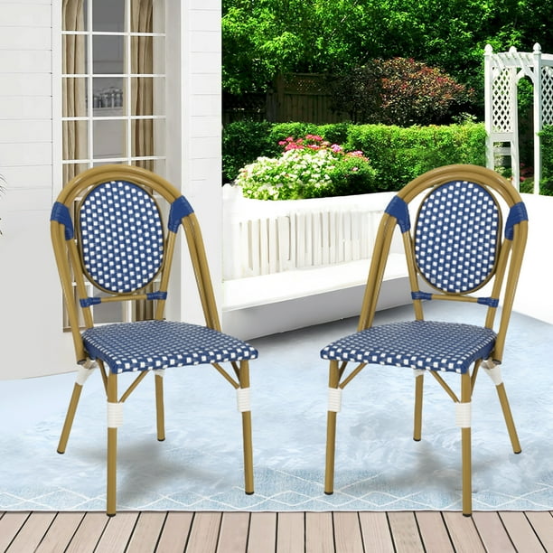 Outdoor Patio French Bistro Chairs Set of 2 Blue and White Hand Woven Rattan Chairs with Bamboo Print Finish Perfect for Decks Balconies and