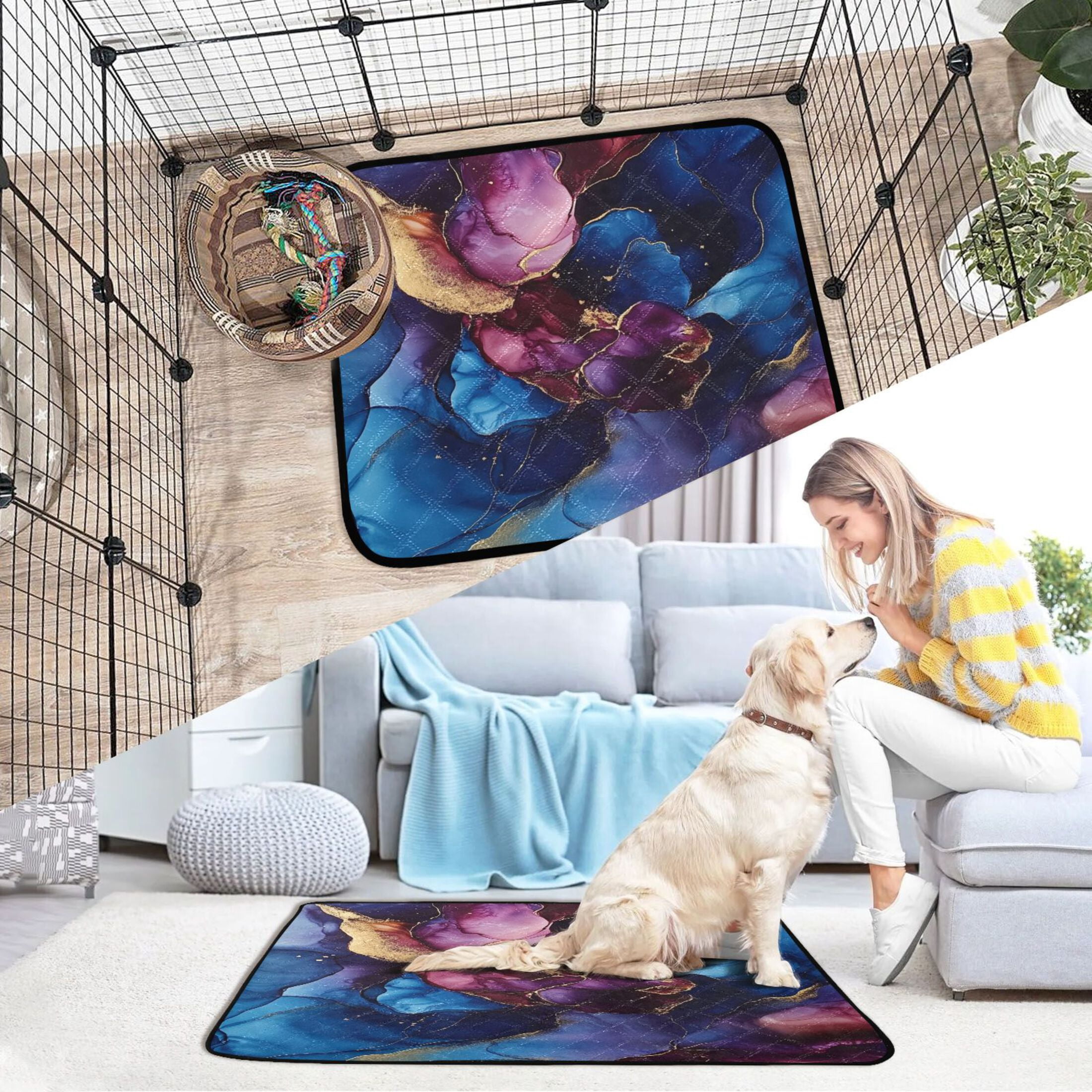 Qxltty Blue Gilt Marbles Cat litter Pads Pet Set of 3 Diaper Mats Center Anti-leakage Layer Absorbent Soft and Comfortable