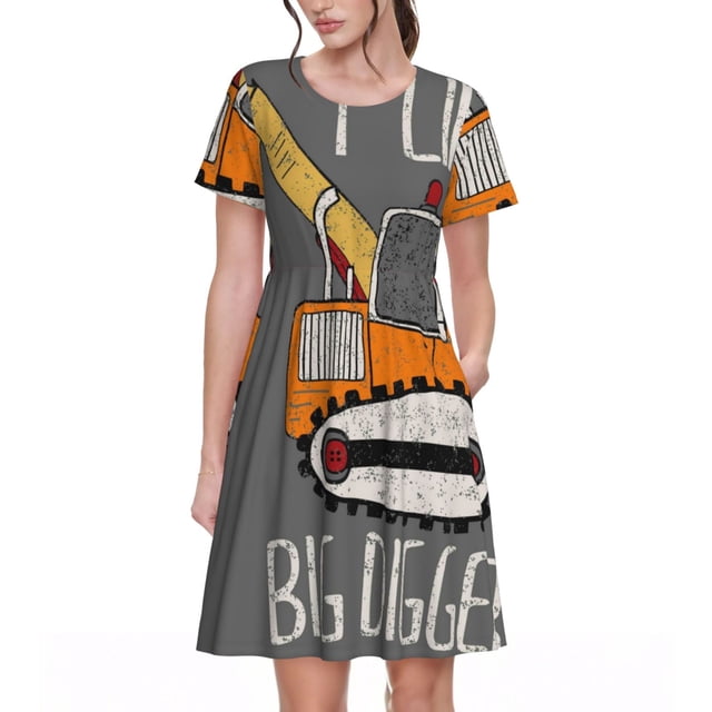 Easygdp I Like Big Digger para Vestido Transpirable de Mujer, Vestido Suelto de Manga Corta con Pliegues y Bolsillos para el Verano