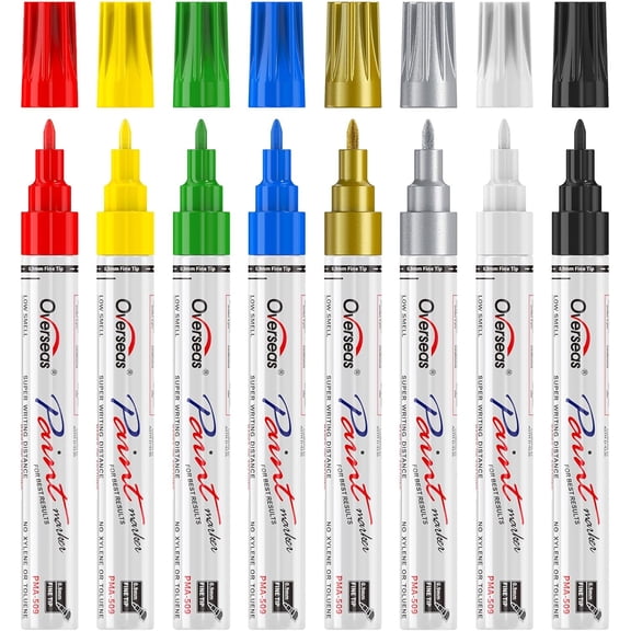 Overseas Fine Tip Oil-Based Paint Marker Pen - 8 Colors 0.9mm Fine Nib Permanent Markers, Quick Dry, Waterproof, Fade Resistant Paint Pens for Metal, Wood, Rock, Plastic, Ceramics, Rubber, Glass