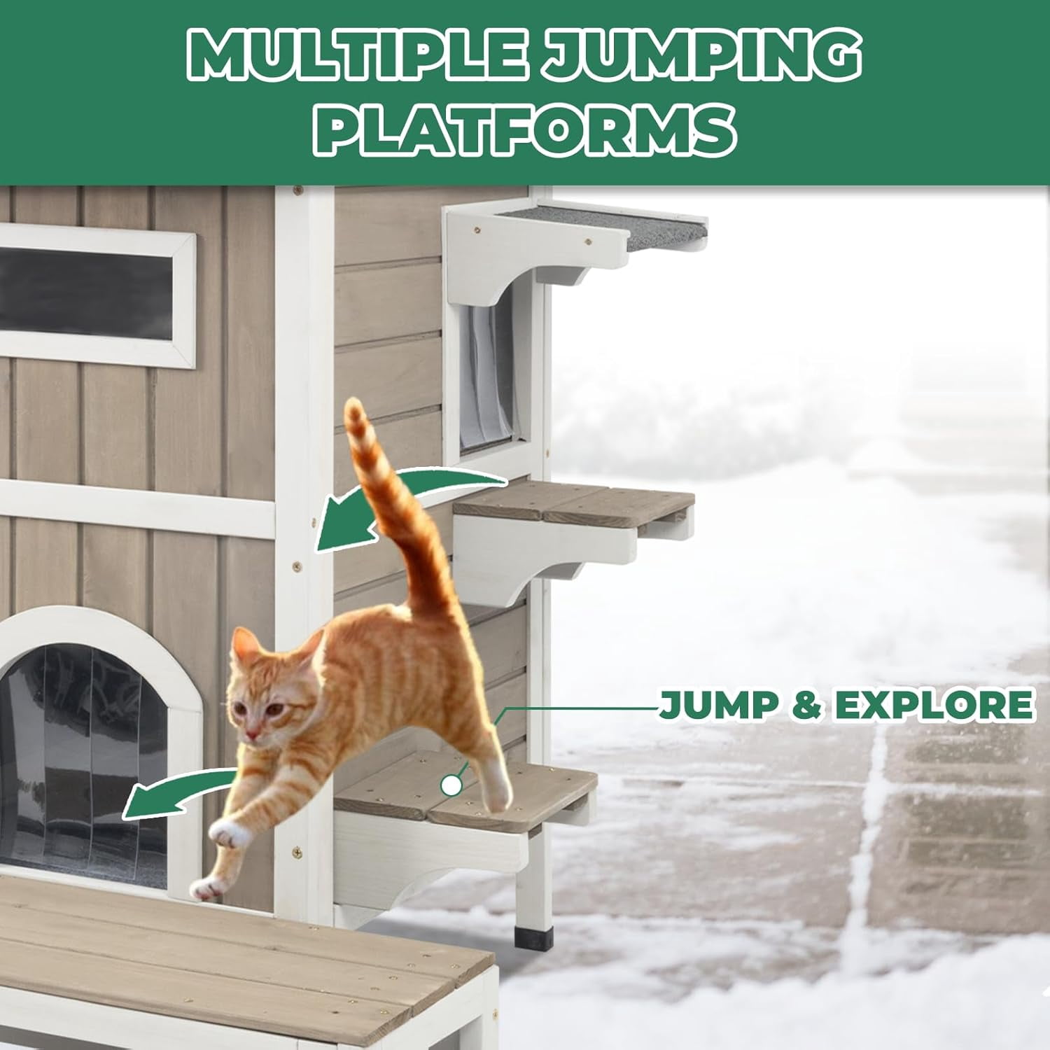 Gowoodhut Insulated Cat House, Outdoor Cat House Weatherproof with Jumping Platforms,Grey