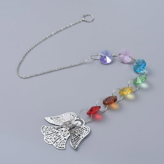 2pc Chandelier Suncatchers Prisms Octogon with Crystal Rhinestone Angel Iron Pendant and Cable Chain Glass Chakra Hanging Pendant Faceted Silver 415x2mm