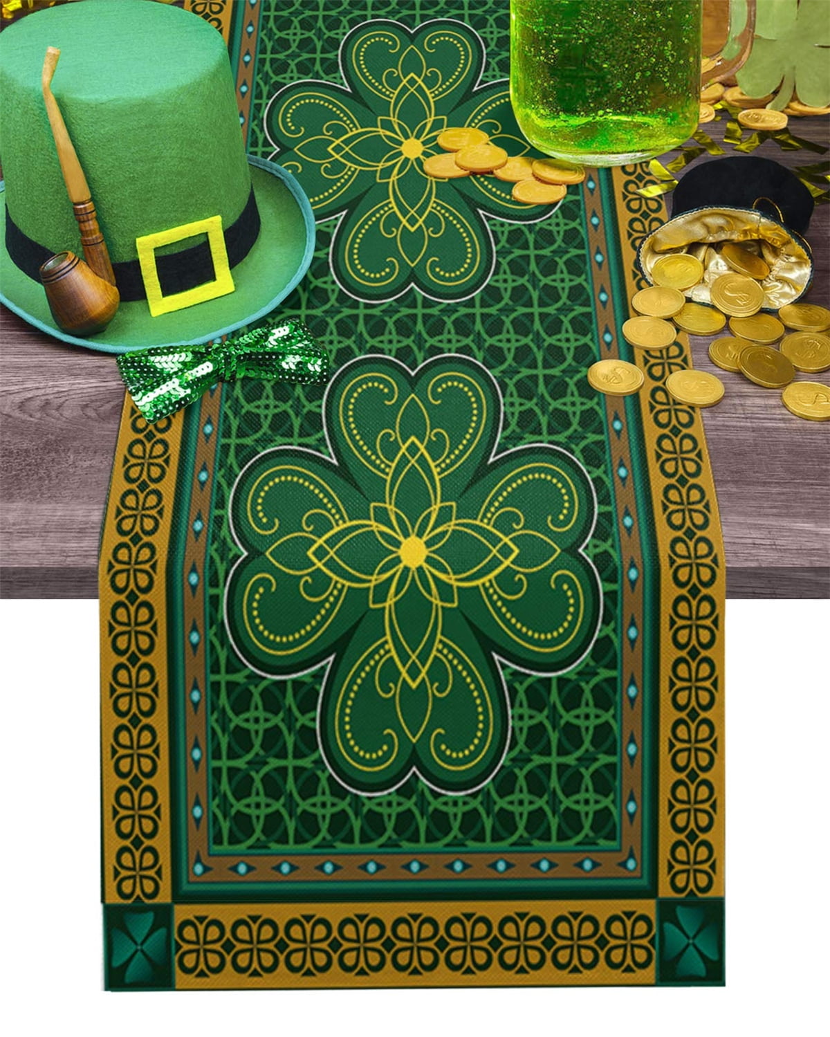 ARTSHOWING St. Patrick's Day Table Runner Party Supplies Fabric Decorations for Wedding Birthday Baby Shower 13x70inch Traditional Shamrock Irish