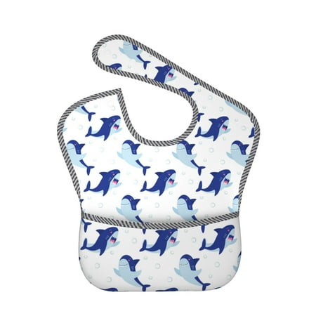 

Bingfone Mess-Proof Baby Bib - Waterproof Bib for Baby Boy or Girl with Food Catcher Pocket Unisex-Party Shark Cute