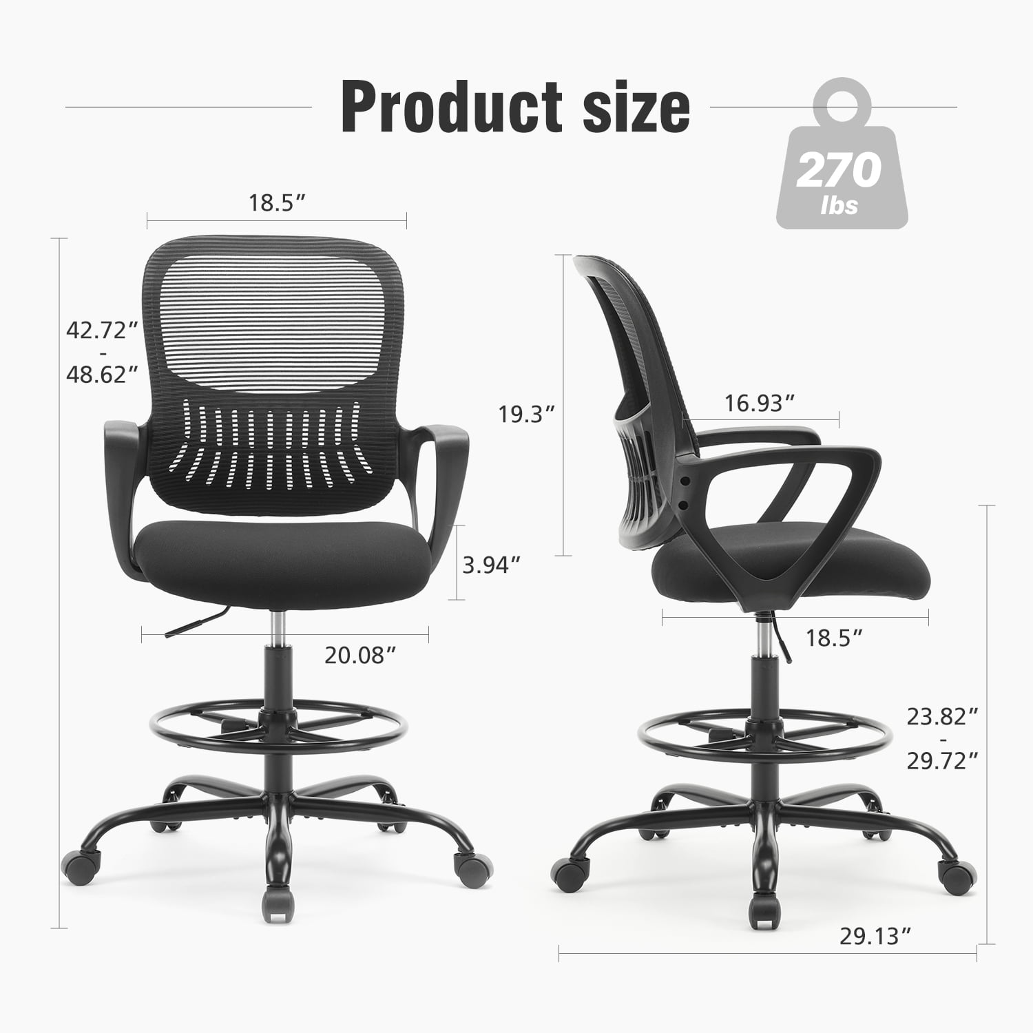 GIANNA Office Chair, Ergonomic Tall Mesh Office Chair with Storable Lumbar Support, Adjustable Foot Ring , Armrests and Mid Back High Task Chair with Wheels, Black