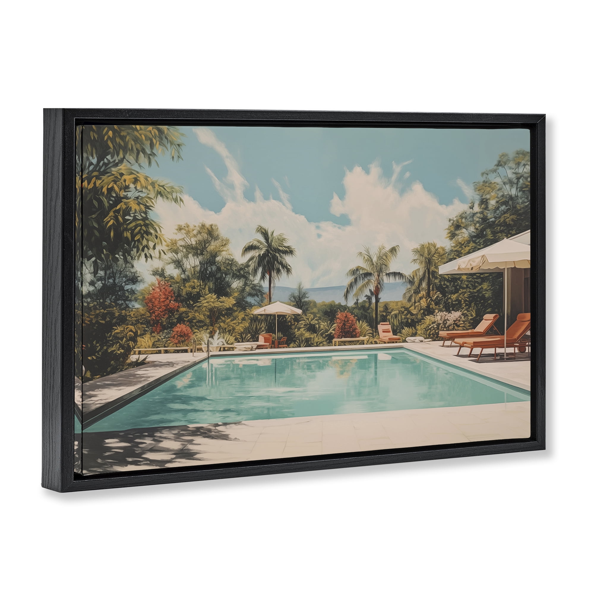 Stupell Industries Tropical Villa Swimming Pool Landscape & Nature Painting Black Floater Framed Canvas Art Print Wall Art, 25 x 17