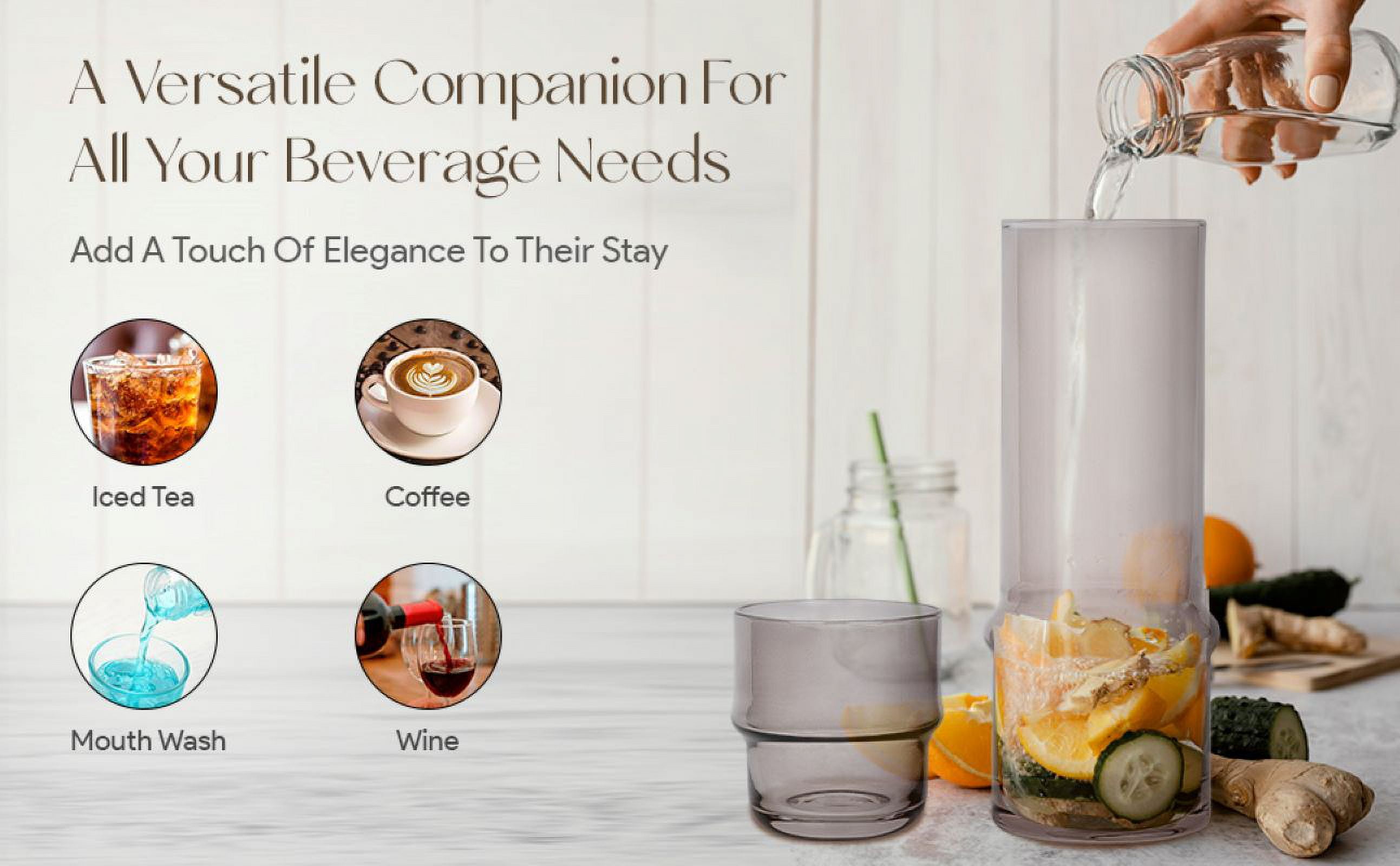 Elle Decor Bedside Water Carafe with Tumbler 33-Ounce Pitcher and Matching Drinking Glass, Stackable Cup as a Lid, Gray