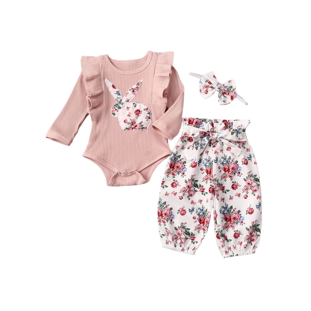 SUNSIOM Barboteuse à Manches Longues Florale Rabbit pour Fille + Pantalon Floral + Bandeau