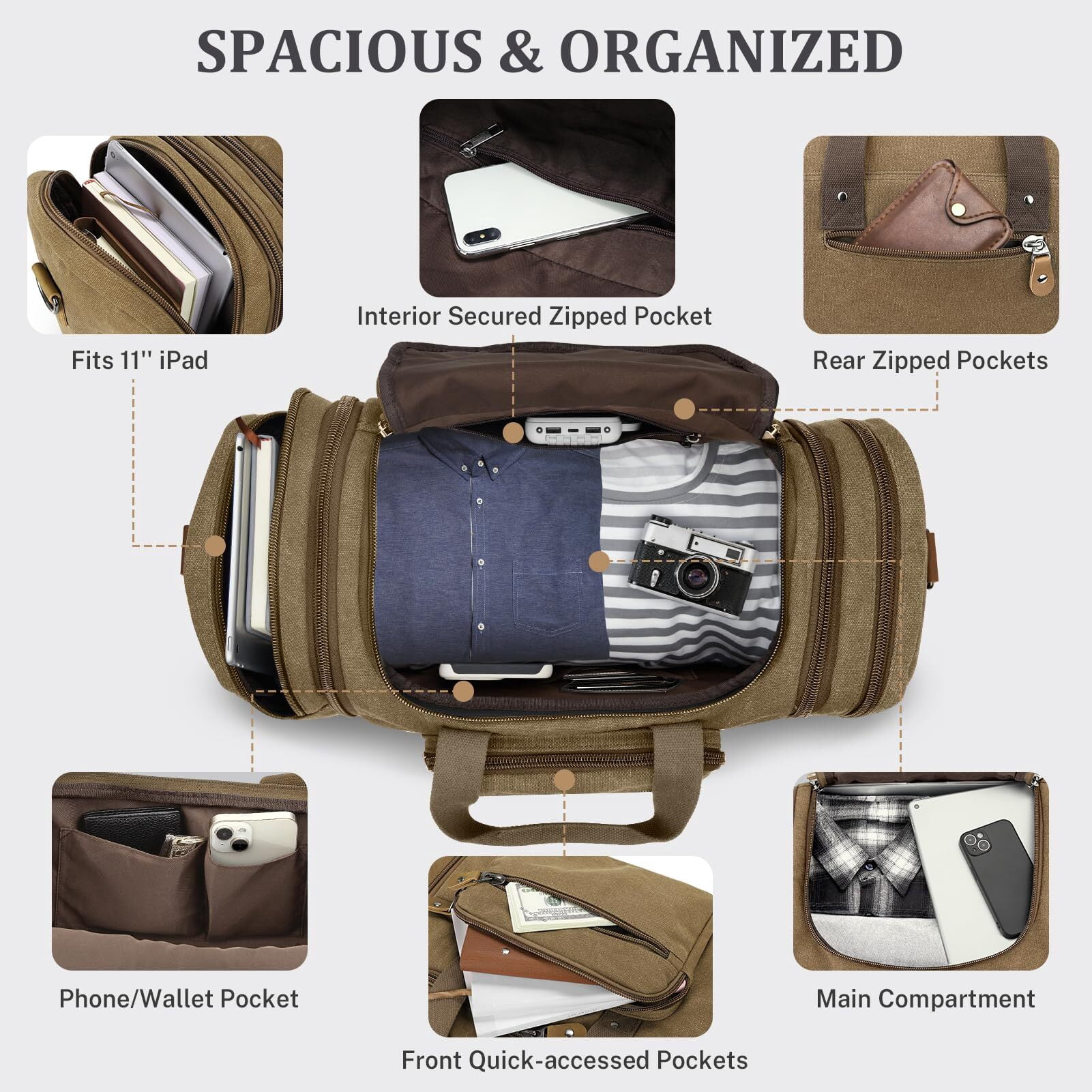 Gonex 60L Canvas Duffel Bags 26" Expandable Travel Overnight Weekender Bag for Men Women