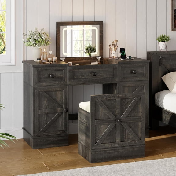 Farmhouse Vanity Desk with Flip Top Mirror and Lights, Makeup Vanity Table with 2 Adjustable cabinets,2 Drawers and Hidden Storage Stool, Charging Dressing Table Set for Bedroom,Rustic Oak