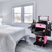 Byootique Pink Rolling Makeup Case on Wheels Pro Cosmetic Artist Hair Stylist Barber Trolley Multifunction Lighted Lockable