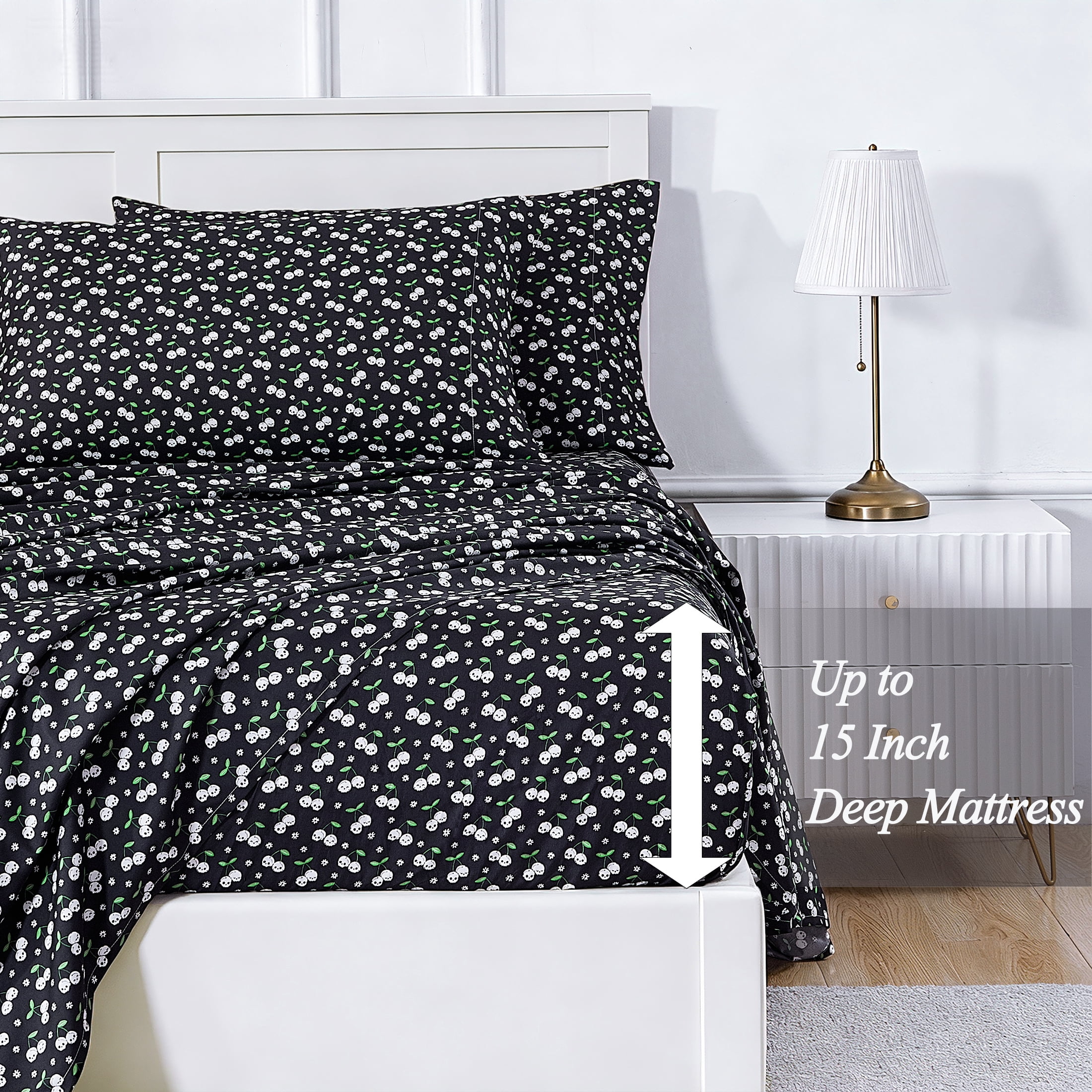 Summerween Soft Microfiber Sheet Set, Black & White Skull Cherries, King