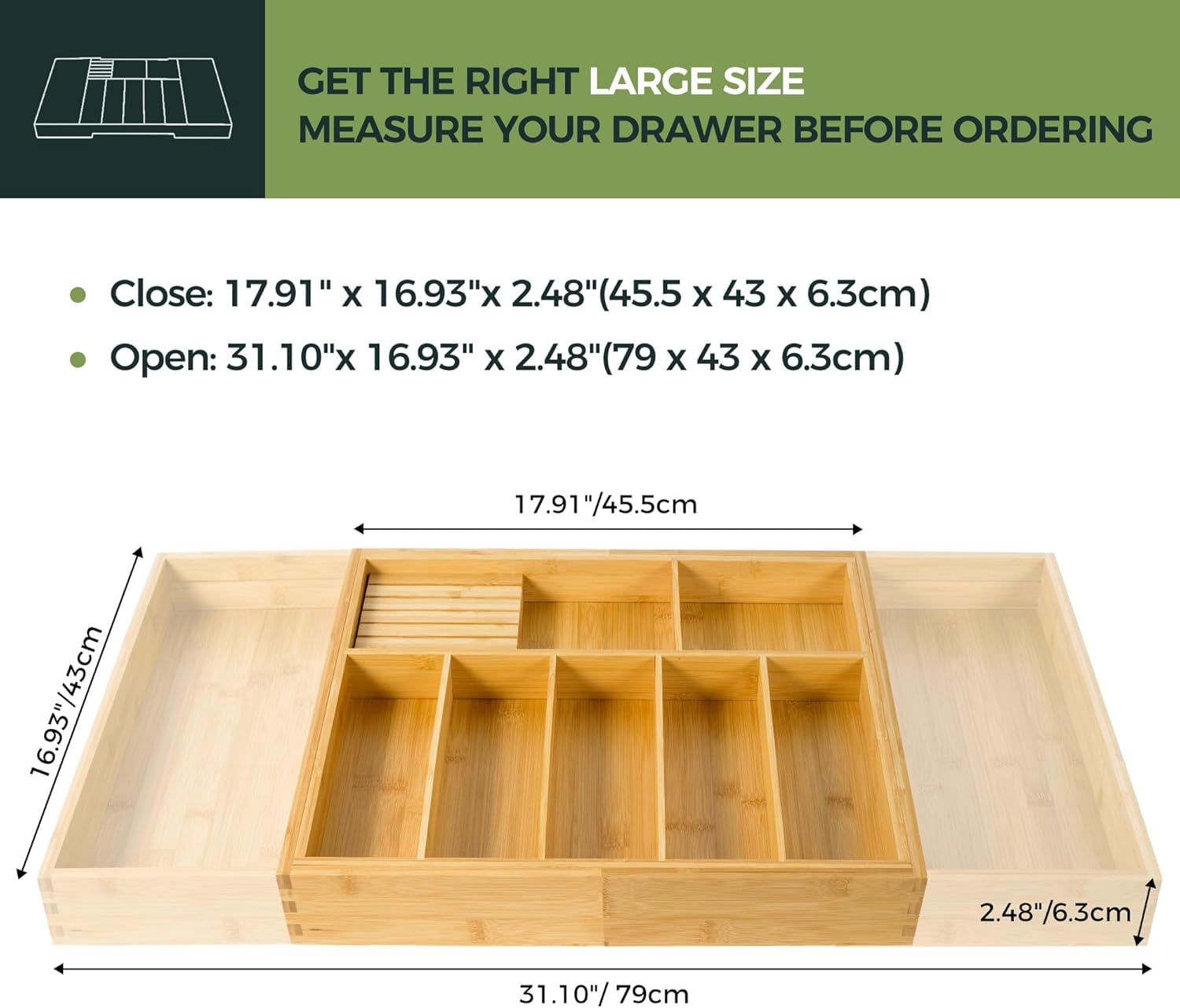 Utoplike Extra Large Kitchen Drawer Organizer, Bamboo Utensil Organizer with Removable Knife Block, Expandable Cutlery Tray