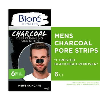 Bior Men's Skincare Charcoal Deep Cleansing Blackhead Remover Pore Strips, 6 Ct