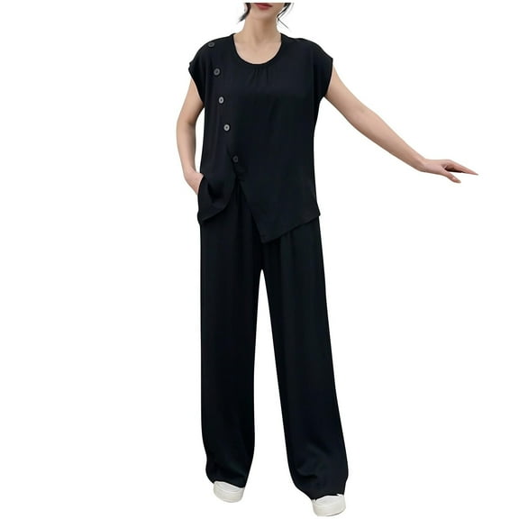 CheerKidz Women 2 Piece Side Button Lounge Sets Summer Casual Sleeveless Vest Elastic Waist Pant Set Loose Beach Vacation Outfits Home Set Clothes(Black,L)