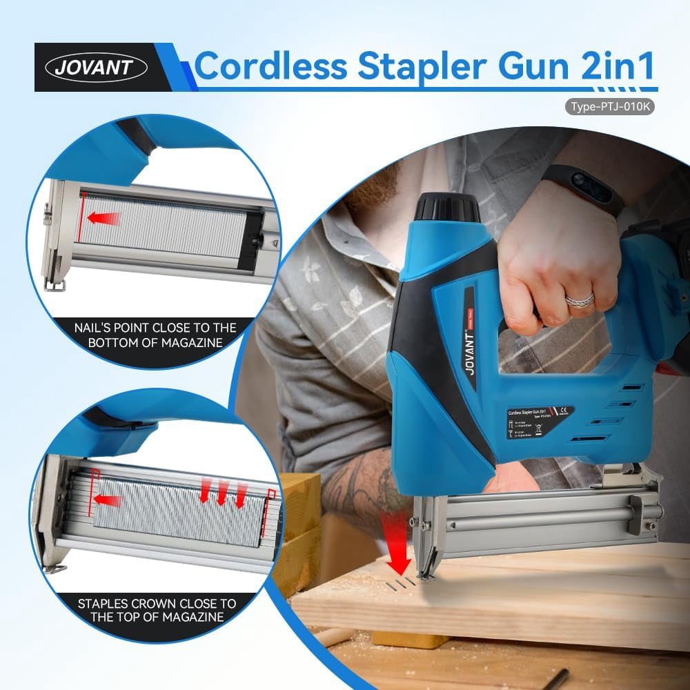 2 in 1 Nail Gun Battery Powered, 20V Cordless Nail Gun,400 Nails, 400 Staples, with Staple Puller, 2 * 2.0Ah Li-Ion Batteries and 2.4A Charger, Brad Nailer for Home Improvement & DIY